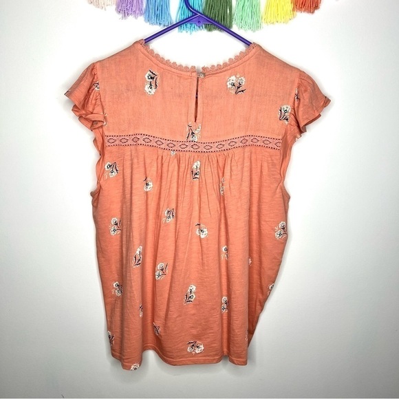 Lucky Brand Pink Crochet Floral Top Pleated Bodice Flutter Sleeve Size Large - Picture 12 of 17